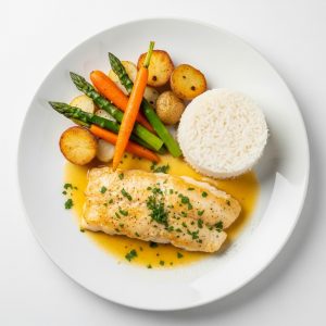 Menú 1 Vi: Pescado en salsa menier con verduras horneadas y arroz blanco