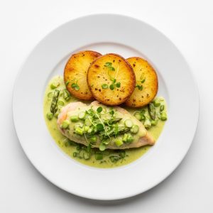 Menú 1 Ju: Filete de pollo en salsa de espárragos con papa dorada